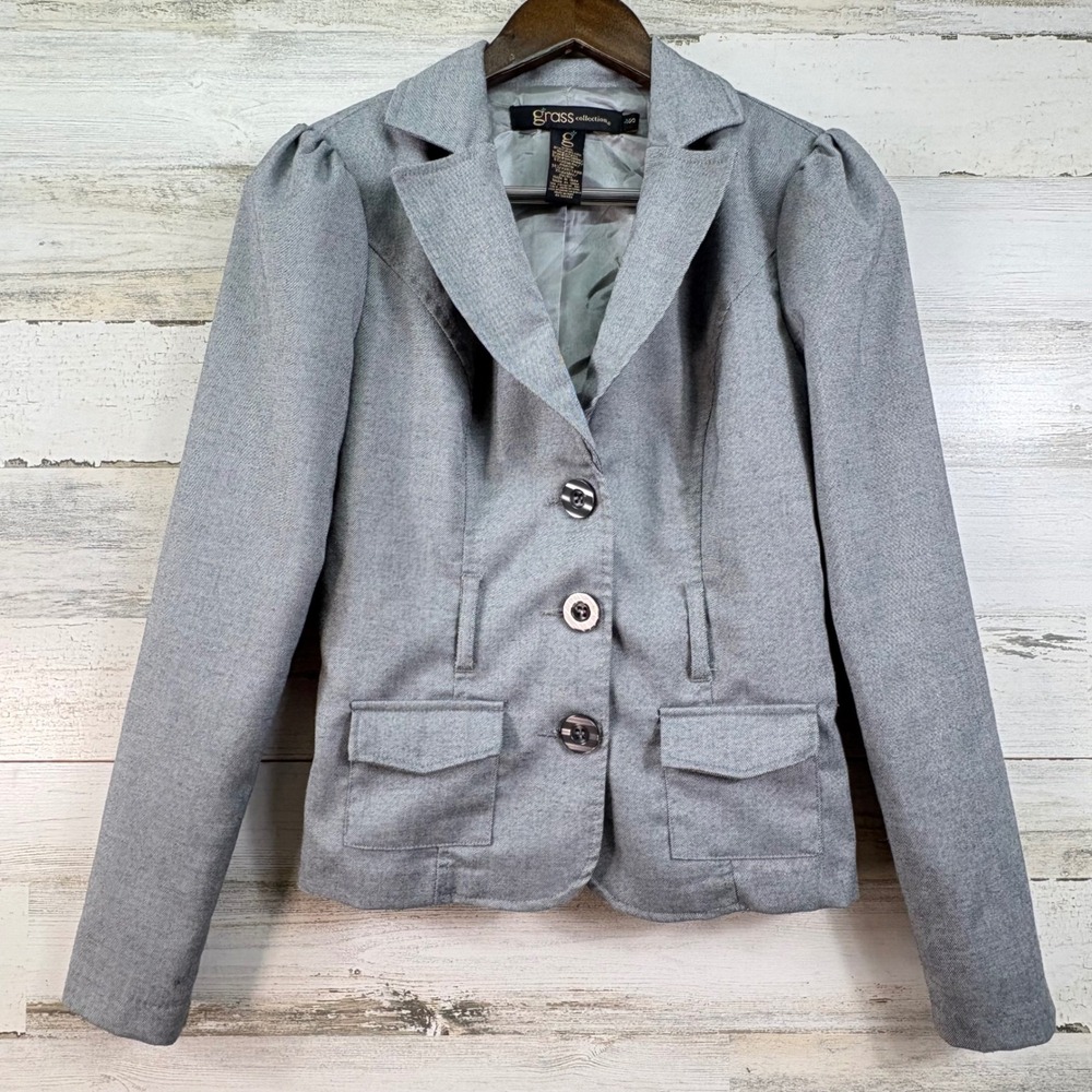Grass Collection Grey Puff Shoulder 3-Button Tailored Blazer Jacket S Academia
